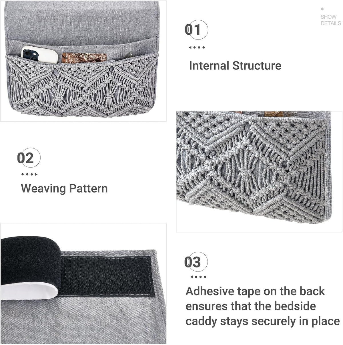 Mkono Macrame Bedside Caddy, Boho Bed Storage Organizer, 4 Pockets Grey