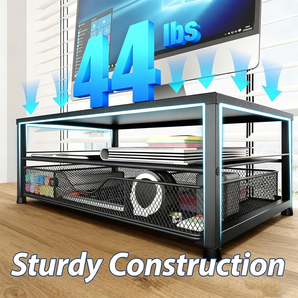 Desk Organizer and Accessories, 2-Tier Computer Monitor Stand Riser with Drawer and 2 Pen Holders, Laptop Stand, Office Desk Accessories for Office Supplies, Black 2-Pack