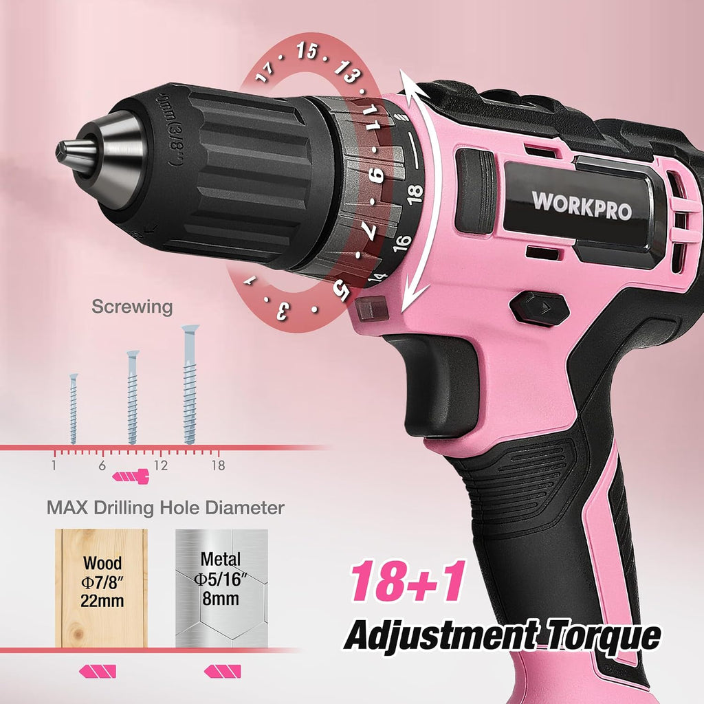WORKPRO 20V Pink Cordless Drill and 141-Piece Home Tool Kit for Women