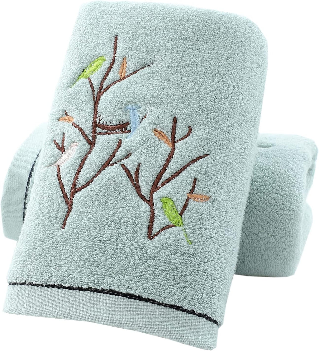 Pidada Embroidered Bird Tree Hand Towels for Bathroom Set of 2,Aqua Green