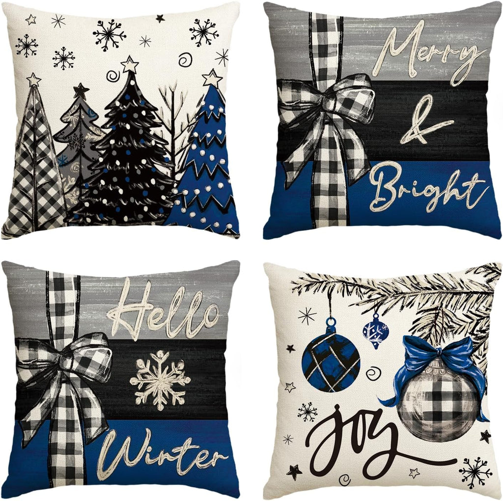 Merry Christmas Joy Xmas Trees Red Throw Pillow Covers, 20x20 Inch Christmas Winter Holiday Cushion Case Decoration for Sofa Couch Set of 4