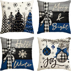 Merry Christmas Joy Xmas Trees Red Throw Pillow Covers, 20x20 Inch Christmas Winter Holiday Cushion Case Decoration for Sofa Couch Set of 4