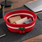 Rectangle Storage Basket Cotton Rope Woven Baskets for Organizing,Cute Cherry Basket for Kids, Baby Nursery,Cat Dog Toy Baskets,Organizer Bins for Shelves 11.8×10.6×4.3INCH