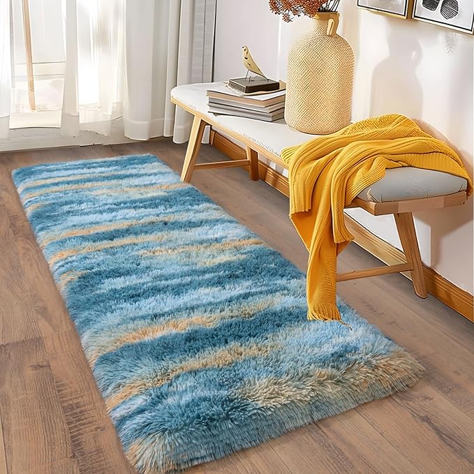 Soft Runner Rugs for Bedroom Hallways, 2x5 Abstract Blue Fluffy Shag Throw Area - Image 3