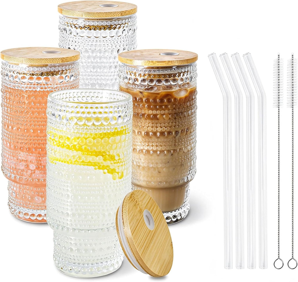 4 Pcs 11 oz Drinking Glasses Cups Set with Bamboo Lids Straws Brush Small Drinking Glassware Set for Juice Iced Coffee Cocktail Whiskey(Hobnail*4)