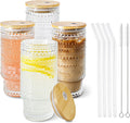 4 Pcs 11 oz Drinking Glasses Cups Set with Bamboo Lids Straws Brush Small Drinking Glassware Set for Juice Iced Coffee Cocktail Whiskey(Hobnail*4)