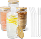 4 Pcs 11 oz Drinking Glasses Cups Set with Bamboo Lids Straws Brush Small Drinking Glassware Set for Juice Iced Coffee Cocktail Whiskey(Hobnail*4)