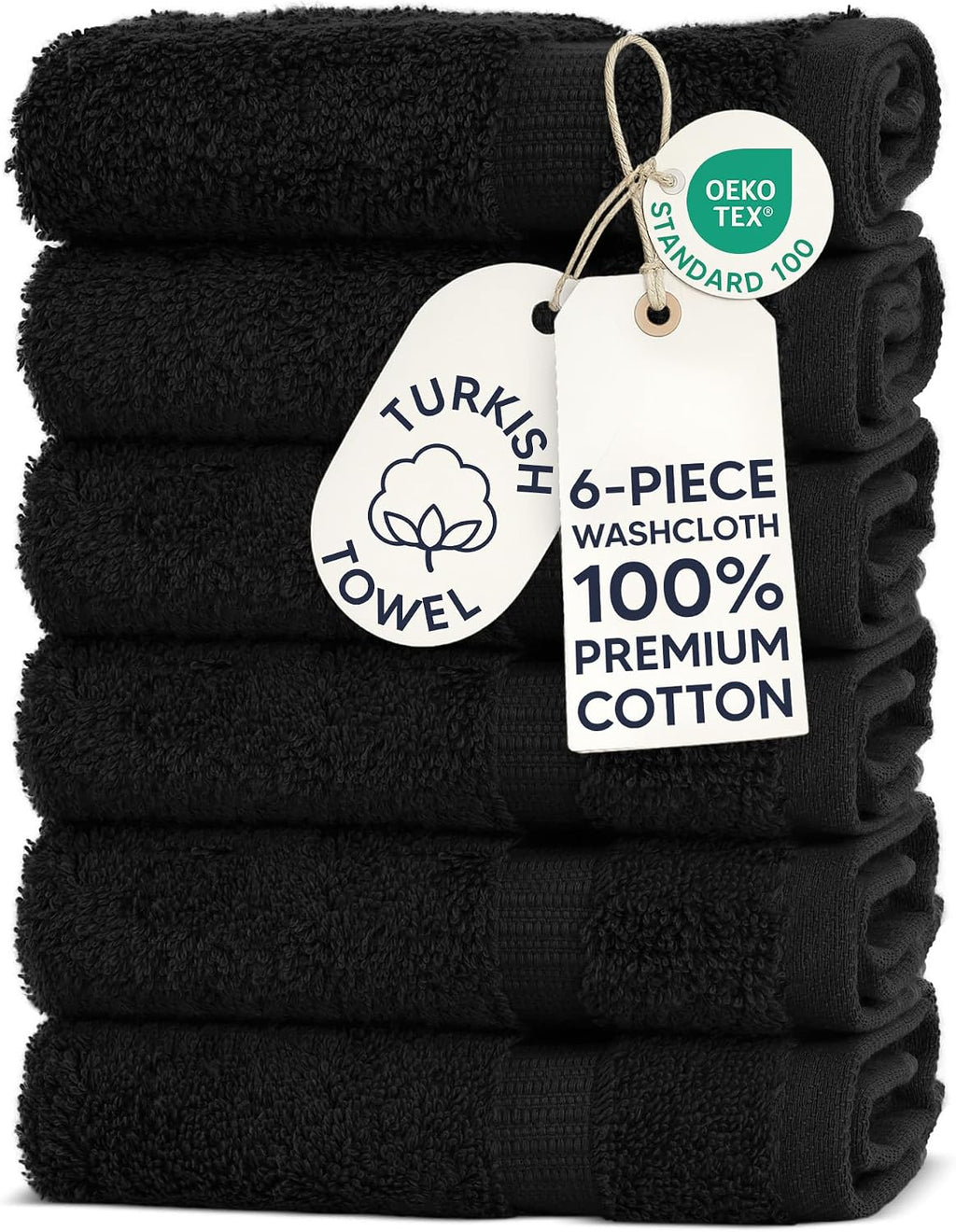 Chakir Turkish Linens 100% Cotton 6-Pack Washcloths 13x13, Black