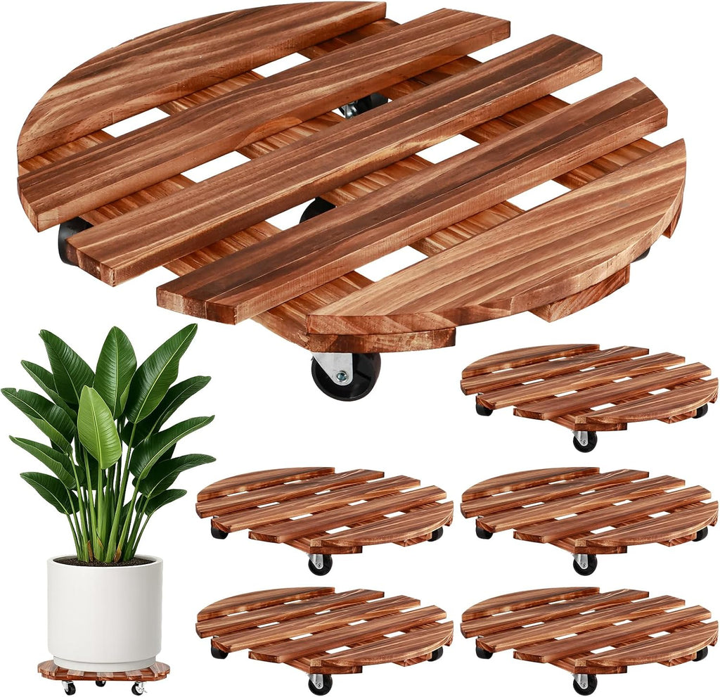 18 Inch Plant Caddy with Wheels, 6 Pack Rolling Plant Stand Rollers with Casters Wooden Plant Dolly with Wheels Heavy Duty Large Rolling Planter Base for Indoor & Outdoor Plants Wood Flower Stand