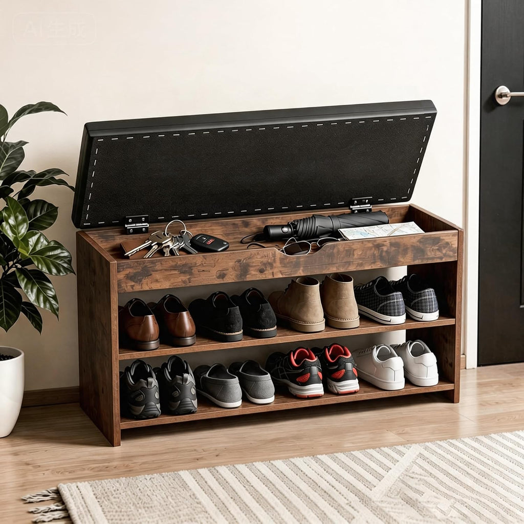 HOMEMORE Shoe Rack for Entryway Shoe Bench with Cushion Solid Wood Shoe Benches with 2 Shelves Shoe Organizer for Hallway Bedroom Living Room Vintage Brown