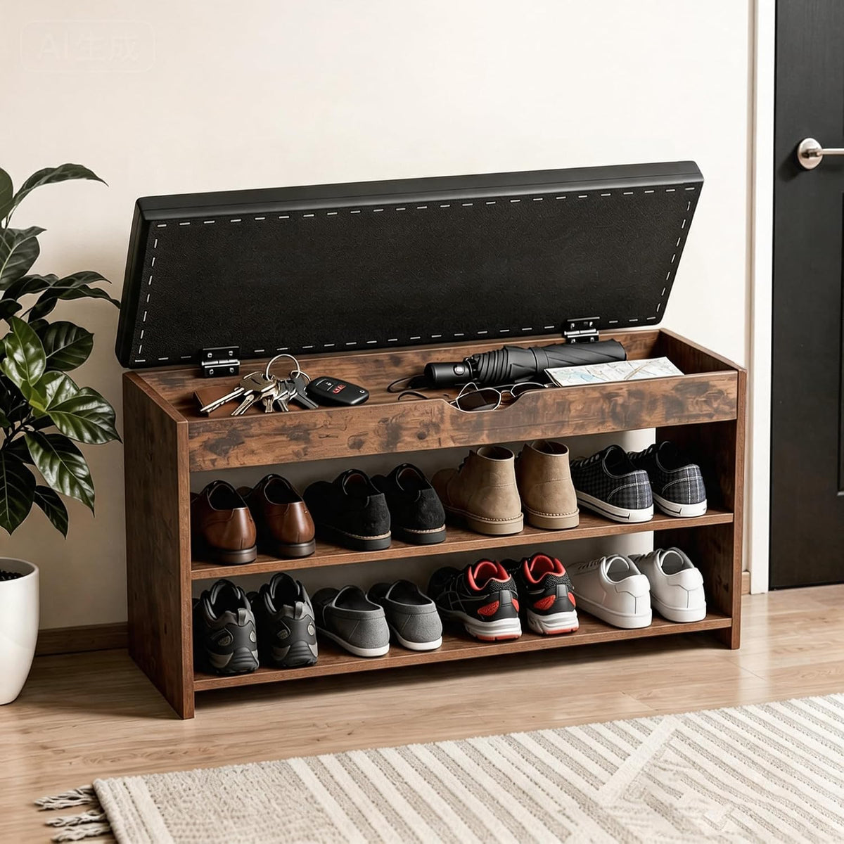 HOMEMORE Shoe Rack for Entryway Shoe Bench with Cushion Solid Wood Shoe Benches with 2 Shelves Shoe Organizer for Hallway Bedroom Living Room Vintage Brown