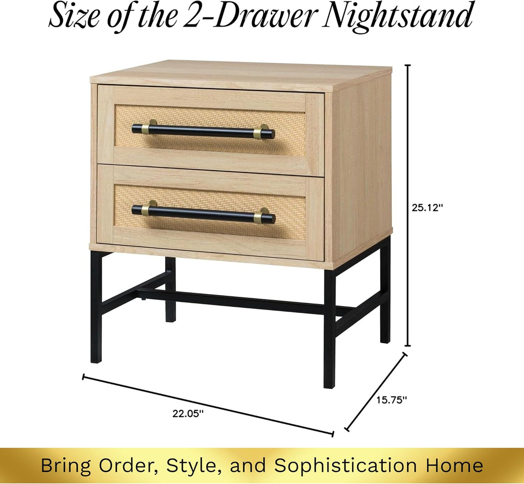 Sophia 2-Drawer Nightstand in Natural Oak Look with Rattan Panels and Minimalist Black Metal Frame- Perfect Bedroom Storage for Small Spaces, Large Suites, or Living Rooms