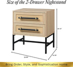 Sophia 2-Drawer Nightstand in Natural Oak Look with Rattan Panels and Minimalist Black Metal Frame- Perfect Bedroom Storage for Small Spaces, Large Suites, or Living Rooms
