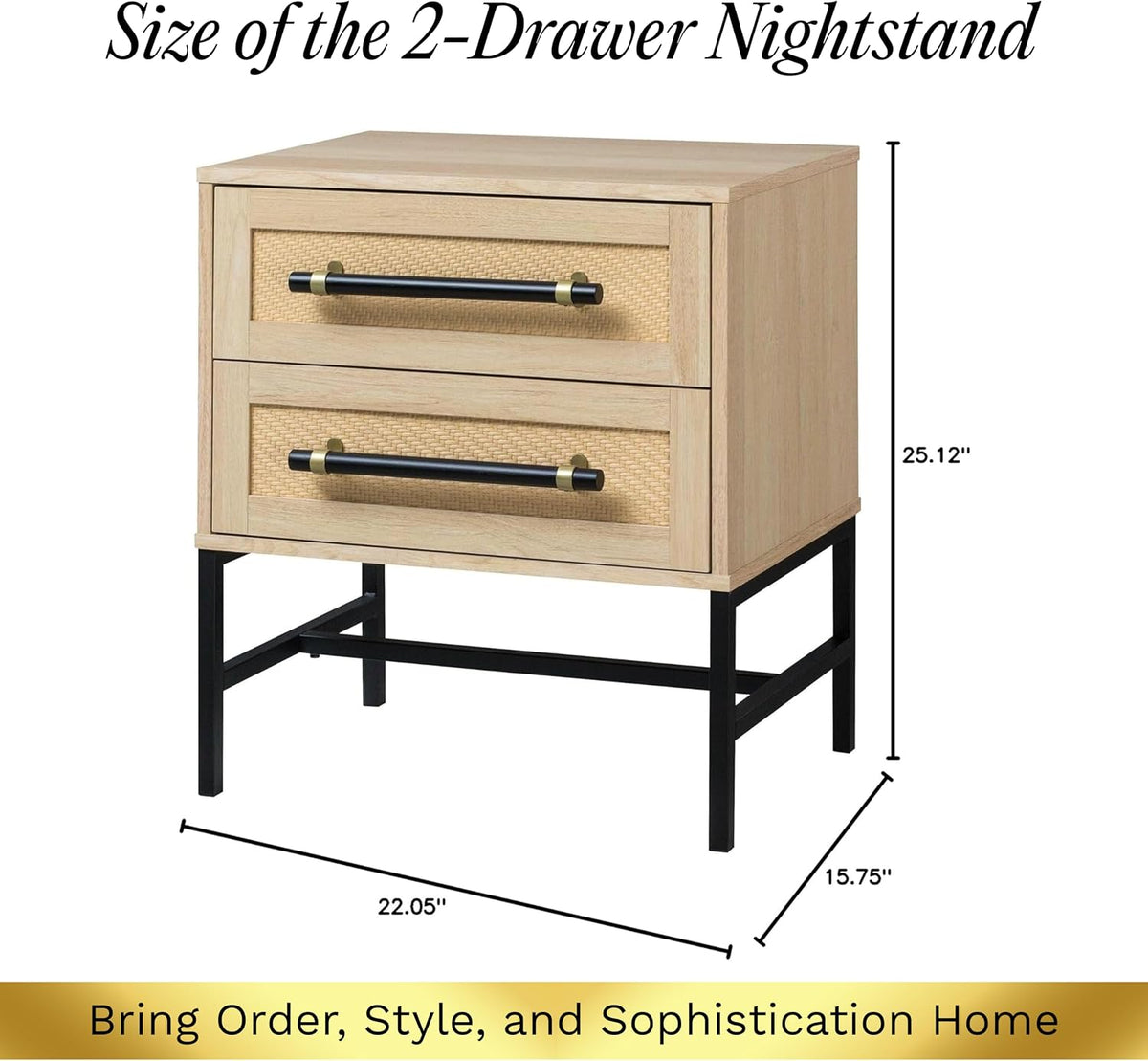 Sophia 2-Drawer Nightstand in Natural Oak Look with Rattan Panels and Minimalist Black Metal Frame- Perfect Bedroom Storage for Small Spaces, Large Suites, or Living Rooms