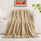 Beige Throw Blanket 50"×60" inches Fuzzy 3D Jacquard Decorative Flannel Fleece - Image 2