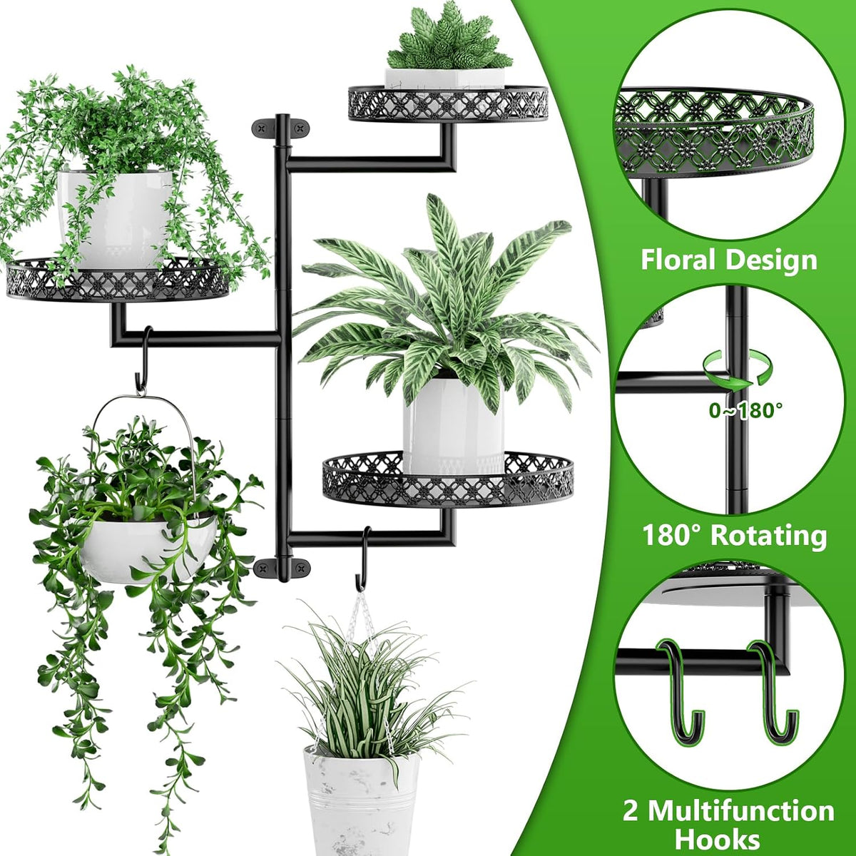 OVICAR Rotating Window Plant Shelves - Indoor Wall Plant Stand 3-Tier Floral Metal Window Shelf Holder for Multiple Plants with Hanging Hooks Home Decor Black