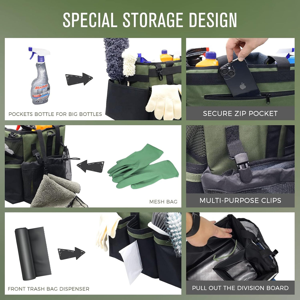 SCAVATA Wearable Cleaning Caddy Organizer with Handle & Shoulder Straps for Housekeepers, Under Sink & Car Cleaning Tool Organizer Bag with 4 Foldable Dividers (Green)