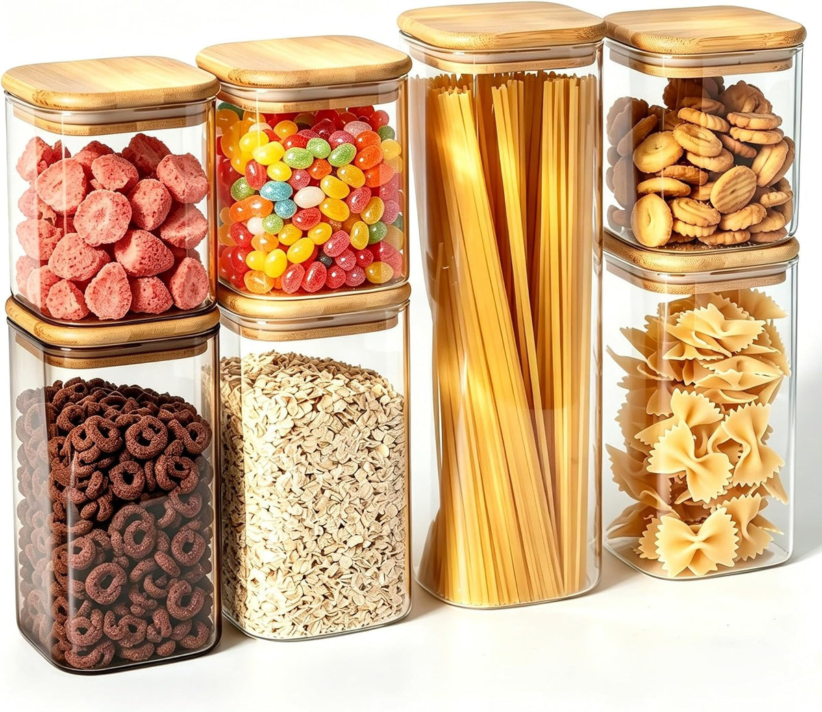 7 Pack Square Glass Storage Containers with Lids, Multi-Size Canisters Sets for the Kitchen & Pantry food storage jar – Ideal for Storing Pasta, Cereal, Flour, Sugar, Nuts, Coffee Beans & More