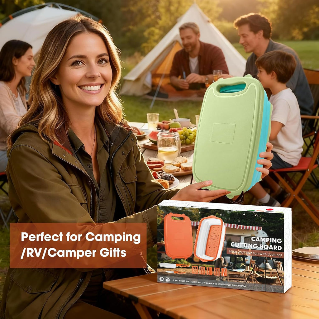 Gintan Camping Cutting Board, 9-in-1 Collapsible Chopping Board with Colander, Kitchen Vegetable Washing Basket for Camping, Camping Gifts Camping essentials for RV Campers (Blue Green)
