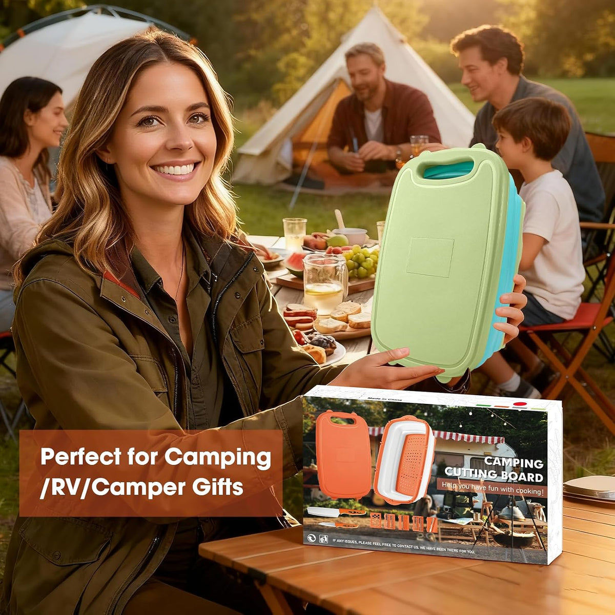Gintan Camping Cutting Board, 9-in-1 Collapsible Chopping Board with Colander, Kitchen Vegetable Washing Basket for Camping, Camping Gifts Camping essentials for RV Campers (Blue Green)