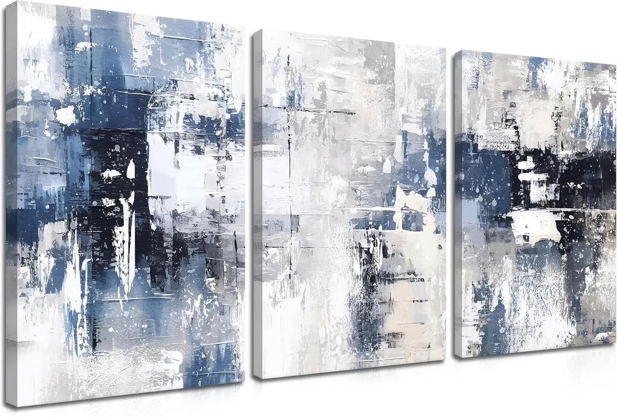 Abstract Blue and White Wall Art Set of 3, Modern Simple Navy Framed Canvas Prints Poster, Gray Painting Picture for Living Room, Bedroom, Office Wall Decor 12x16 Inch