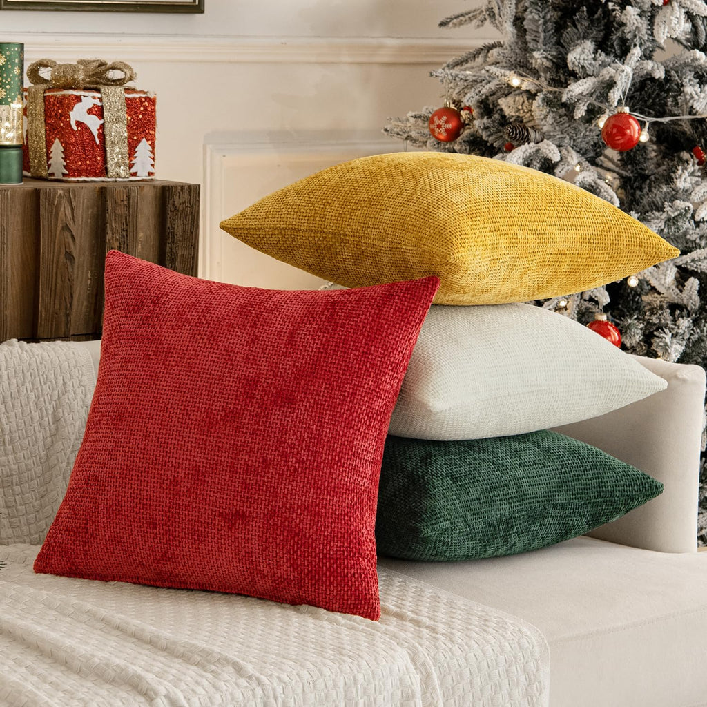 MIULEE Decorative Chenille Pillow Covers Christmas Red 18x18 Pack of 4