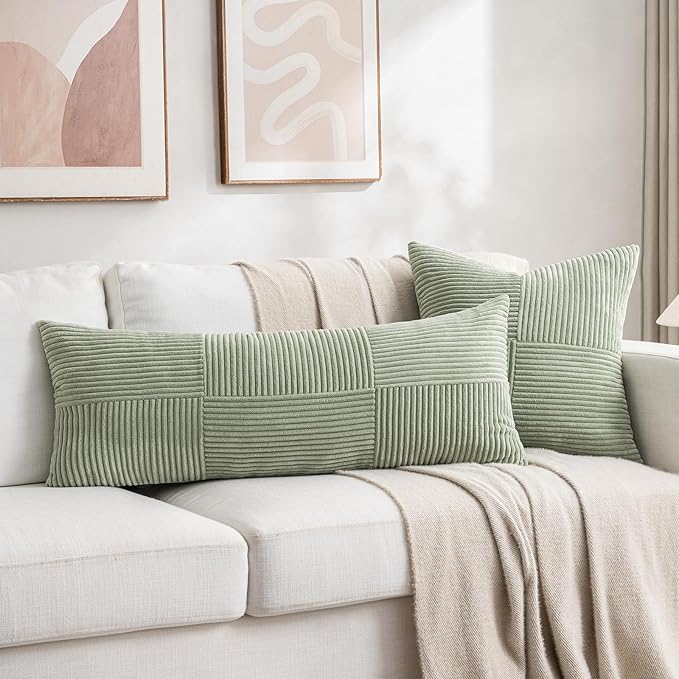 Fancy Homi Set of 2 Sage Green Boho Long Lumbar Body Decorative Throw Pillow - Image 5