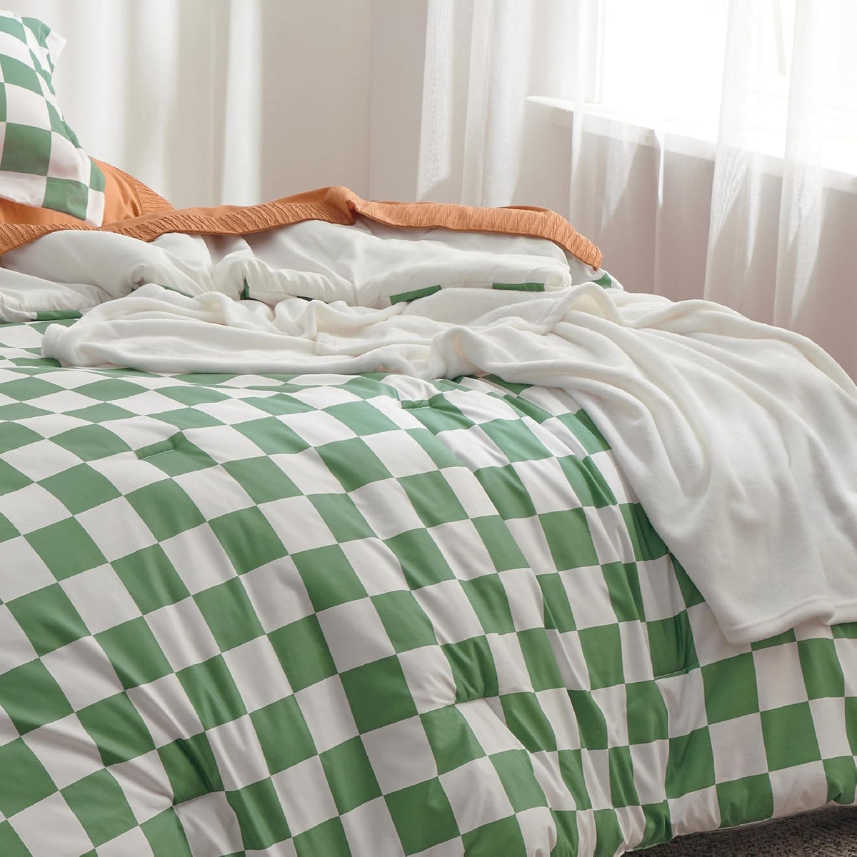 Bedsure Green Comforter Twin Size, Soft Checkered Bedding for Boys 2 Pcs