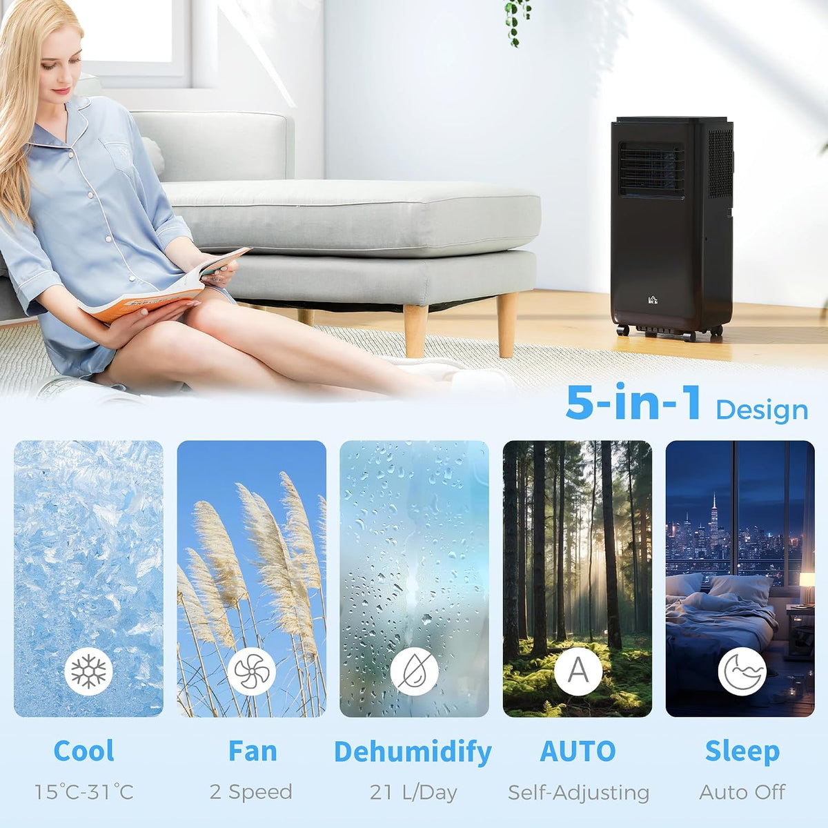 HOMCOM 8000 BTU Portable Air Conditioner 5-in-1 for Rooms 345 Sq. Ft. Black