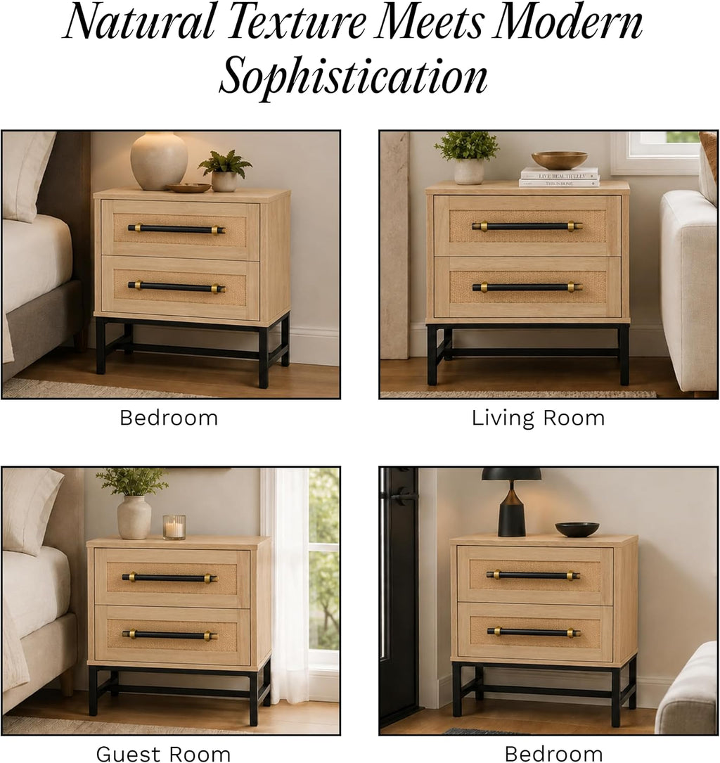 Sophia 2-Drawer Nightstand in Natural Oak Look with Rattan Panels and Minimalist Black Metal Frame- Perfect Bedroom Storage for Small Spaces, Large Suites, or Living Rooms