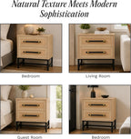 Sophia 2-Drawer Nightstand in Natural Oak Look with Rattan Panels and Minimalist Black Metal Frame- Perfect Bedroom Storage for Small Spaces, Large Suites, or Living Rooms