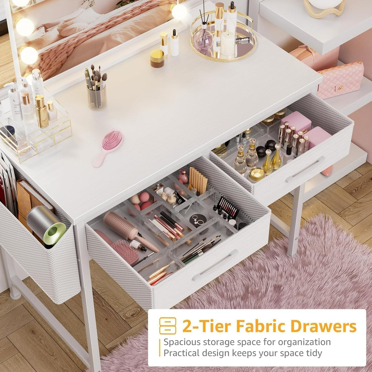 DLisiting 32 Inch Small White Desk with 2 Drawers