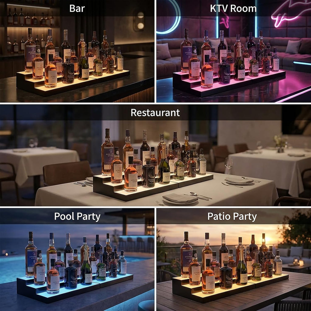 LED Illuminated Bar Bottle Display Rack, 3-Tier 32" Multi-Color Whiskey Rack, Tabletop Wine Rack Equipped with RF Remote Control and App Control Ideal Choice for Home Bar, Whiskey Lovers Gift