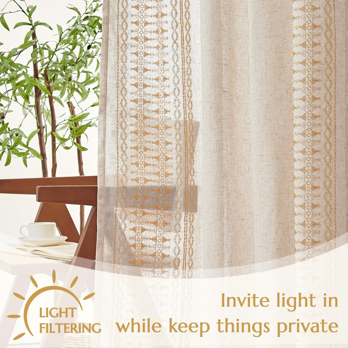 jinchan Boho Curtains for Bedroom Linen Blend Boho Curtains 96 Inches Long 2 Panels Farmhouse Embroidered Drapes for Living Room Drapes Light Filtering Grommet Window Traetments Gold on Beige