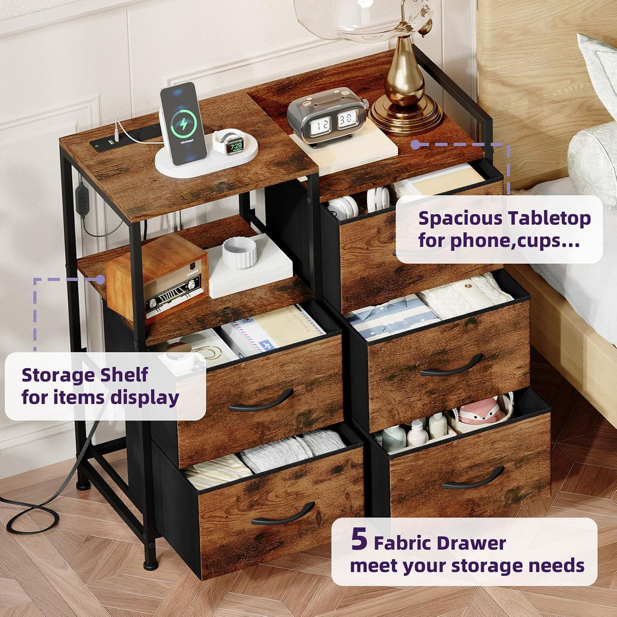 Somdot Wide Bedroom Nightstand with 5 Drawers, Charging Station & LED Light