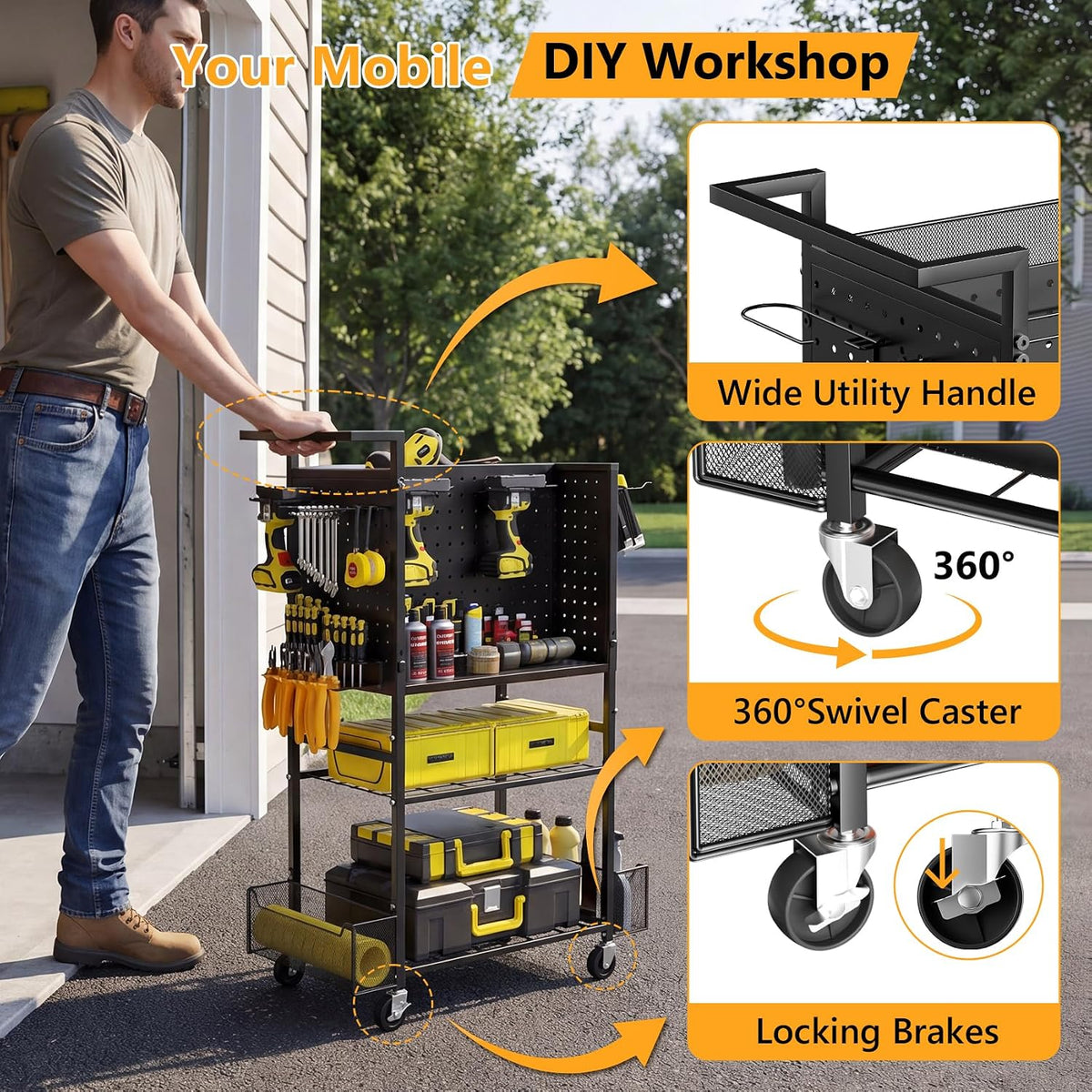 Tool Organizer Cart, 4-Tier with DIY Pegboards & Hooks & Storage Baskets