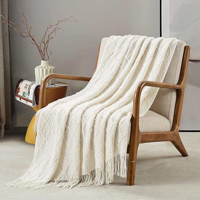 BOURINA White Throw Blanket 50 x70 Inches Jacquard Argyle Throw Textured Solid - Image 5