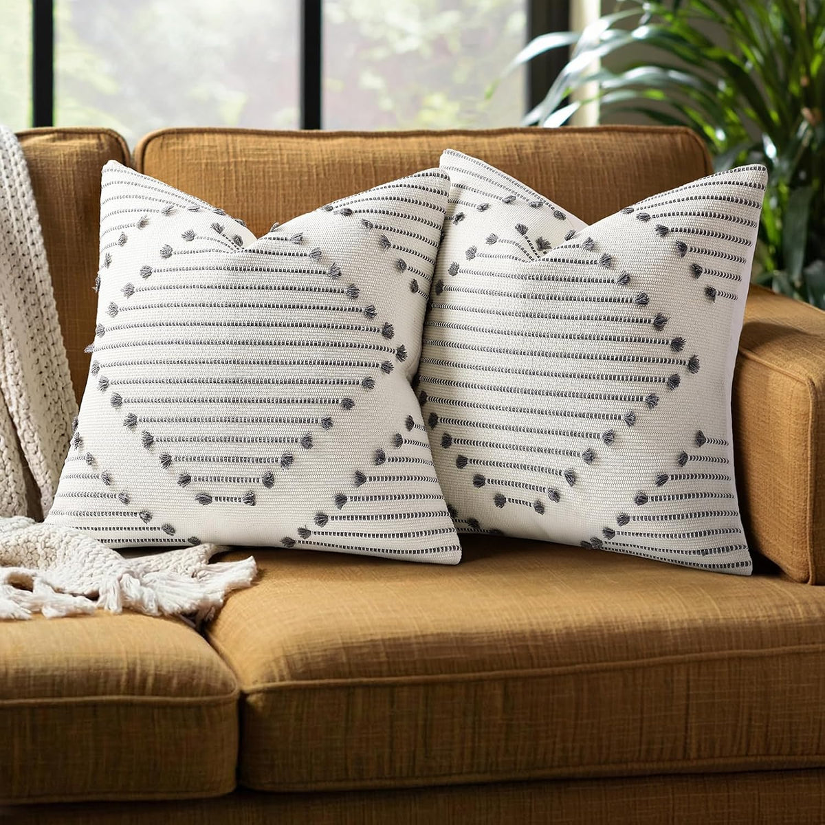 Mecatny Boho Outdoor Throw Pillow Covers 18x18 Set of 2 Grey & Cream White