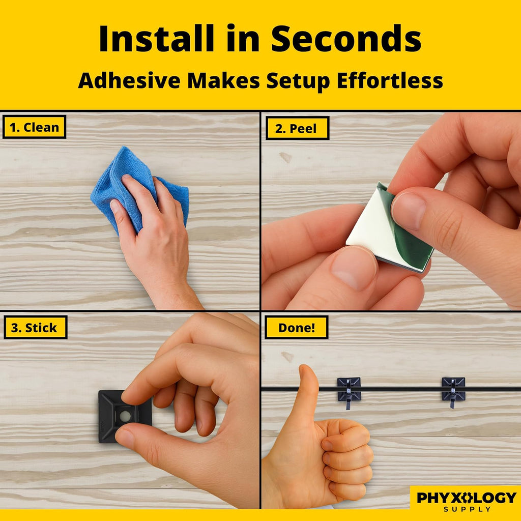 Zip Tie Adhesive-Backed Mounts 100Pk. Professional-Grade, UV Black Cable Tie Bases, 1.1 x 1.1. Screw-Hole Anchor Point Provides Optimal Strength for Long-Term Durability & Use and Clutter-Free Cables.