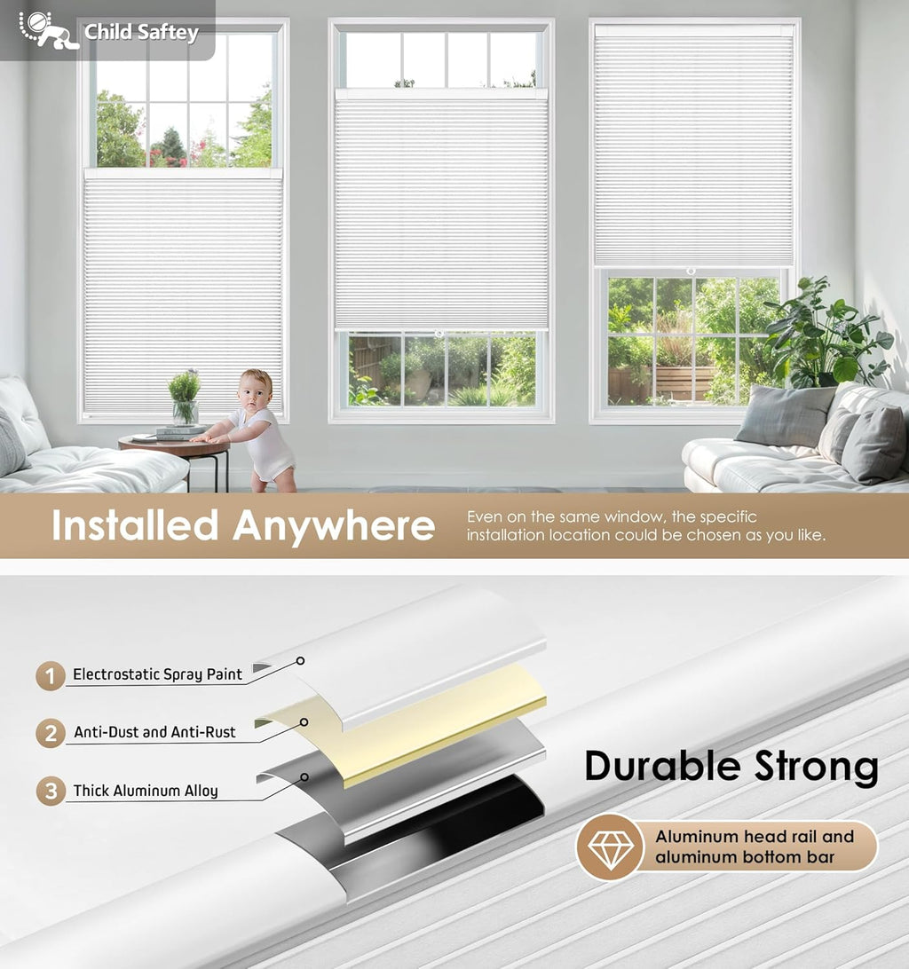 LazBlinds No Drill Cordless Cellular Shades, 33" W x 64" H, White