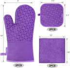 KEGOUU Oven Mitts and Pot Holders 6pcs Set, Kitchen Oven Glove High Heat Resistant 500 Degree Extra Long Oven Mitts and Potholder with Non-Slip Silicone Surface for Cooking (Purple)