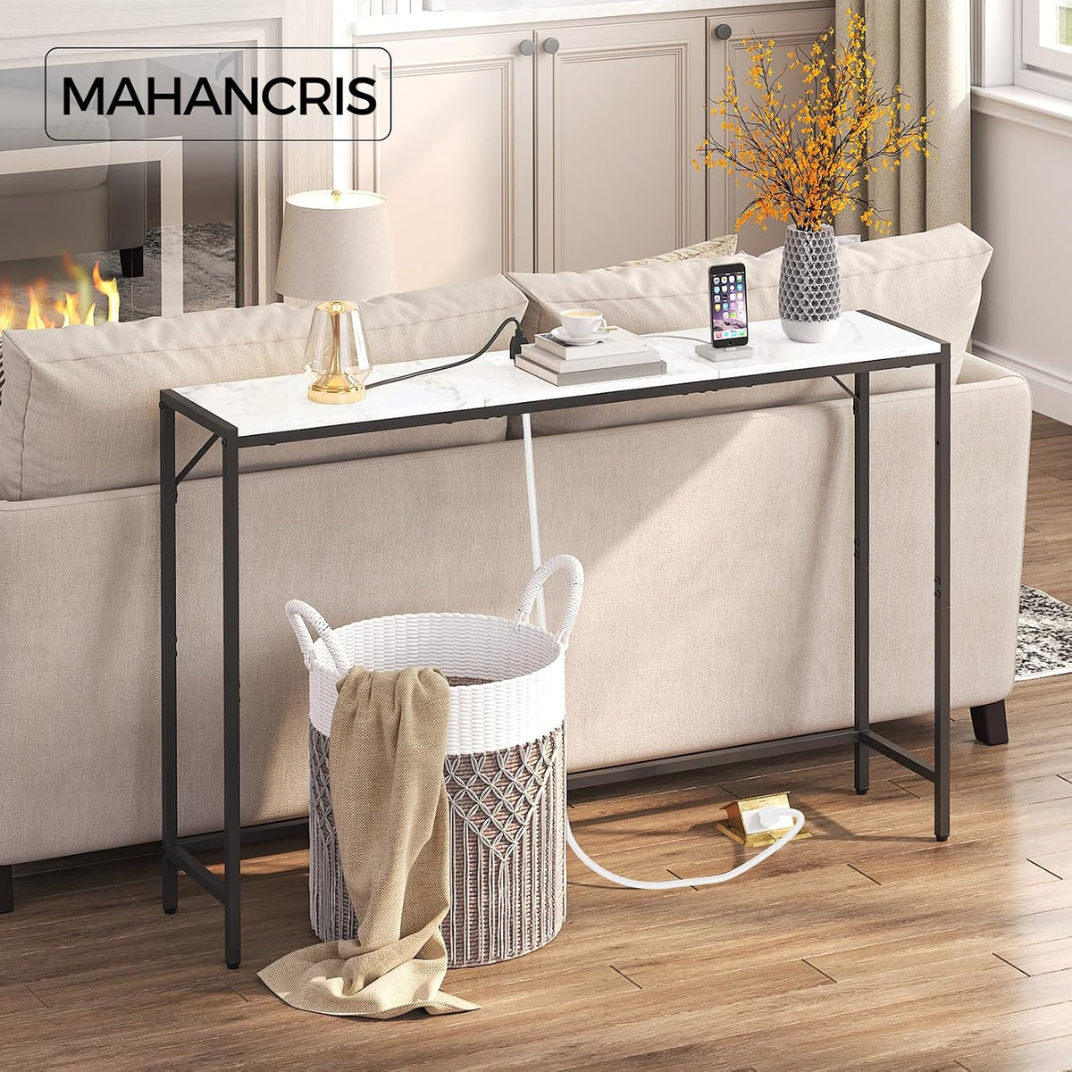 MAHANCRIS Narrow Console Table, 43.7" Sofa Table with Outlets, Marble&Black