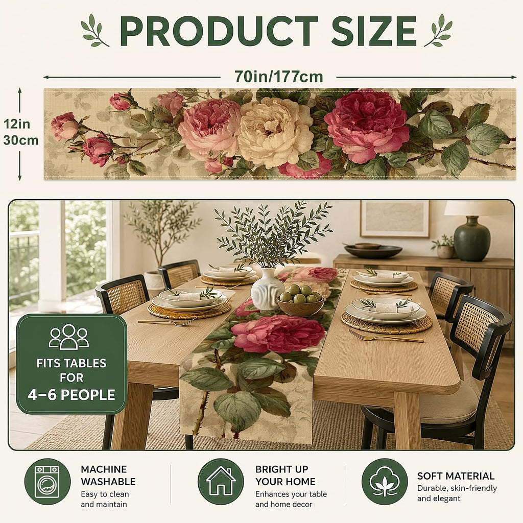 Vintage Peony Flower Table Runner,13 x 70 Inch Linen Kitchen Dining Table Runner for Coffee Table Dresser Wedding Home Party Decor