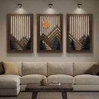 Large Framed Cutout Boho Mountain Wood Wall Art for Living Room, 3 Piece