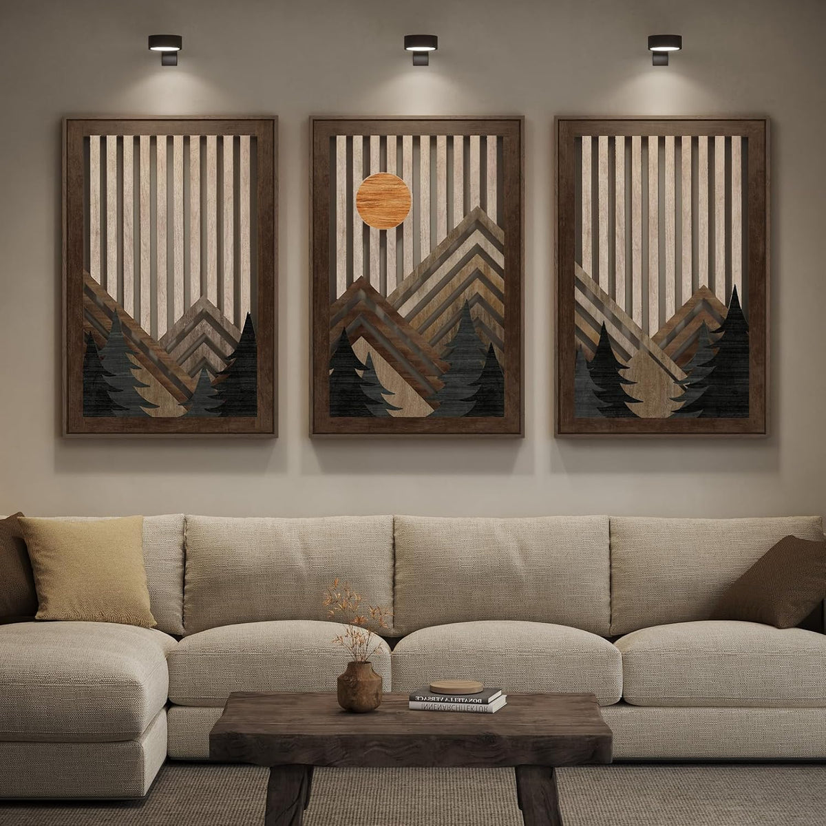 Large Framed Cutout Boho Mountain Wood Wall Art for Living Room, 3 Piece