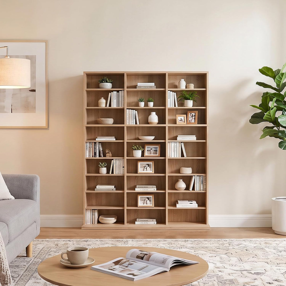 Garvee 9 Tier Tall CD Display Cabinet, 27-Compartment Media Tower, Natural
