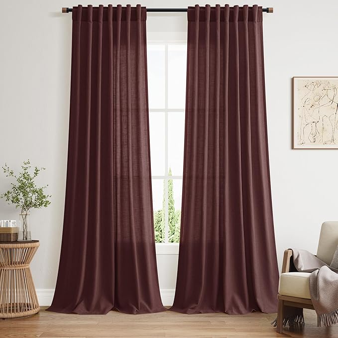 Nanspring Reddish Brown Linen Blend Light Filtering Back Tab Curtains 102 by Nanspring