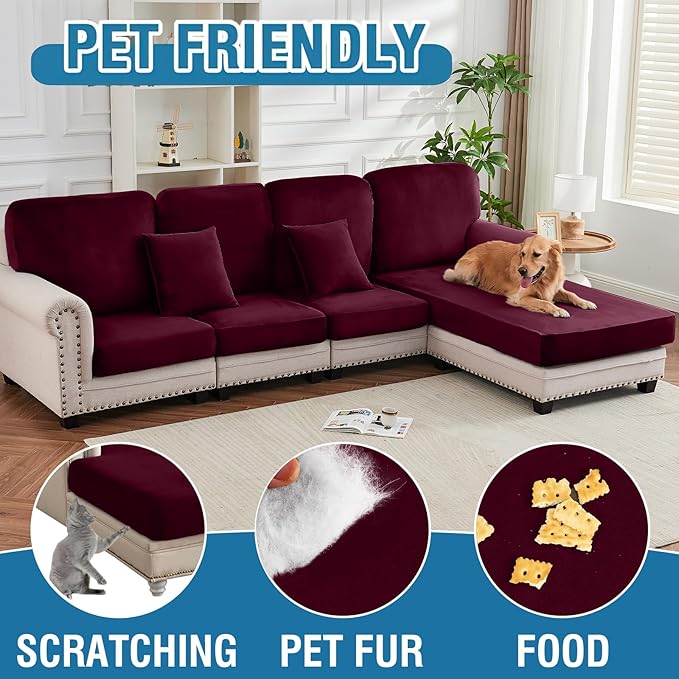 Couch Cover 6-Piece Elastic Velvet Couch Cushion Covers & Chaise Slipcovers - Image 3