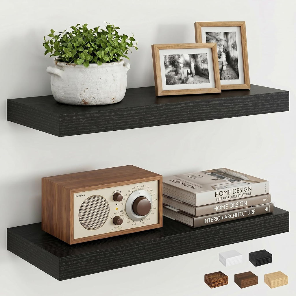 Dreamland 18" Floating Shelves, Rustic Wooden Black Wall Shelves for Bathroom|Bedroom|Kitchen, Deep Wall Mounted Book Shelf, Wood Storage Display Shelf for Home Decor, Set of 2
