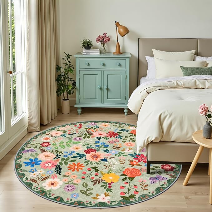 Round Area Rug for Living Room: 6 ft Floral Washable Circle Rug Soft Boho - Image 3
